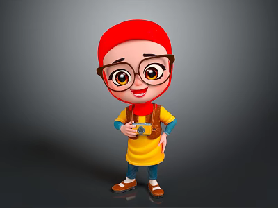 Cartoon Style Game Movie Character With Red Headscarf Glasses Yellow Top And Camera 3d model