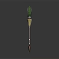 Traditional Decorative Weapon With Long Curved Handle Green Yellow Feather Decoration And Metal Ring