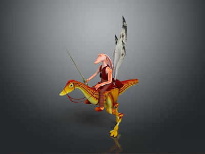 Winged Fantasy Character Riding Yellow Red Dinosaur Mount With Spear And Wings 3d model
