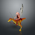 Winged Fantasy Character Riding Yellow Red Dinosaur Mount With Spear And Wings