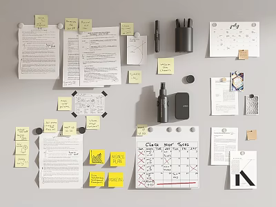 Organized Workspace Featuring Sticky Notes Papers Pens Tape And Planning Materials 3d model