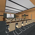 Modern Conference Room with Rows of Chairs Large Screen Wooden Ceiling and Windows