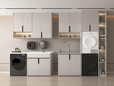 Modern Bathroom Cabinet Rack with Storage Drawers Washing Machine Dryer and Open Shelves 3d model
