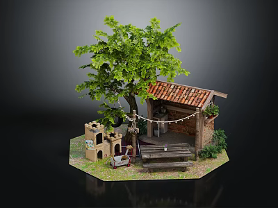 Cartoon Scene Featuring Small Cabin Red Tile Roof Stone Tower Bench String Lights Green Tree 3d model