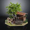 Cartoon Scene Featuring Small Cabin Red Tile Roof Stone Tower Bench String Lights Green Tree
