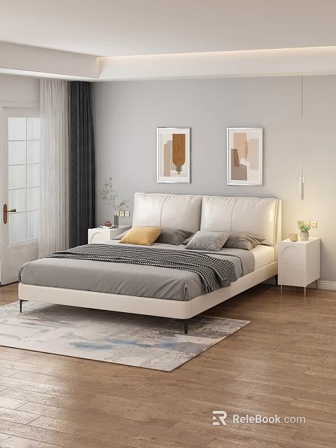 Modern Bedroom Interior With White Upholstered Bed Nightstands Green Plants Abstract Paintings And Wooden Floor 3d model 