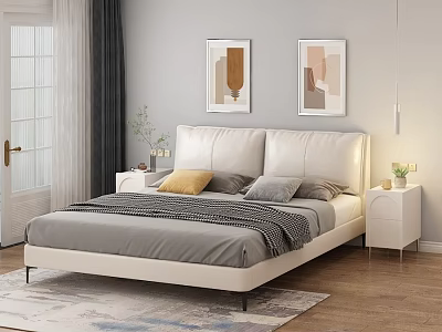 Modern Bedroom Interior With White Upholstered Bed Nightstands Green Plants Abstract Paintings And Wooden Floor 3d model