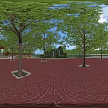 Scenic Park Landscape With Green Trees Rock Formation White Pillars And Brick Paved Ground