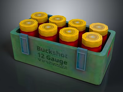 Buckshot 12 Gauge Ammunition In Green Case With Red Bottles And Yellow Caps 3d model