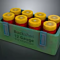 Buckshot 12 Gauge Ammunition In Green Case With Red Bottles And Yellow Caps