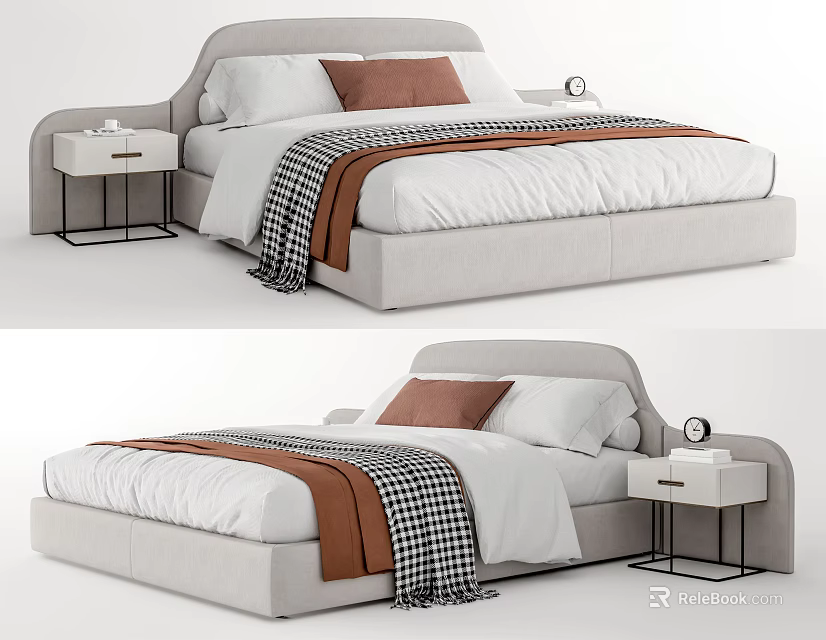 Light Gray Frame Double Bed with White Sheets Brown Pillow Checkered Blanket and Bedside Tables 3d model