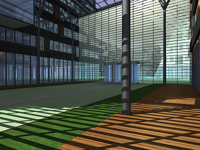 Hotel Lobby Interior Design With Large Glass Walls Natural Light And Wooden Flooring 3d model
