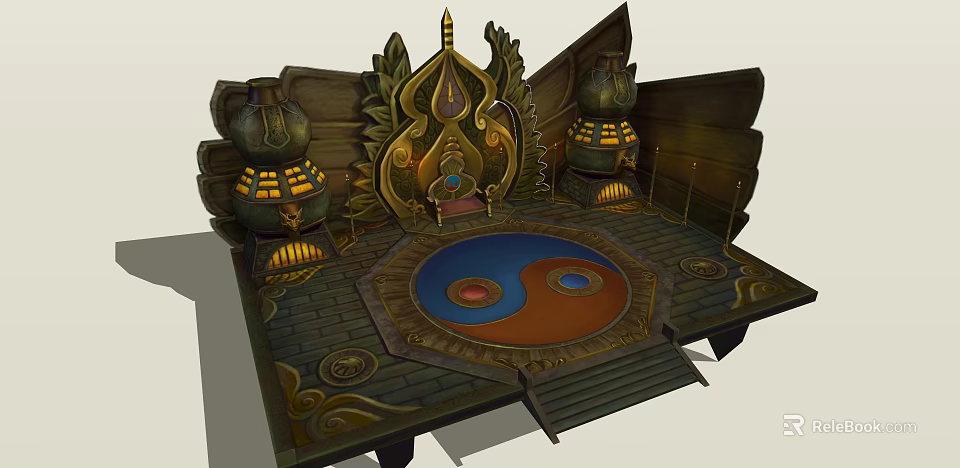 Ancient Architecture Displaying Yin Yang Diagram Traditional Lanterns And Intricate Carvings 3d model 