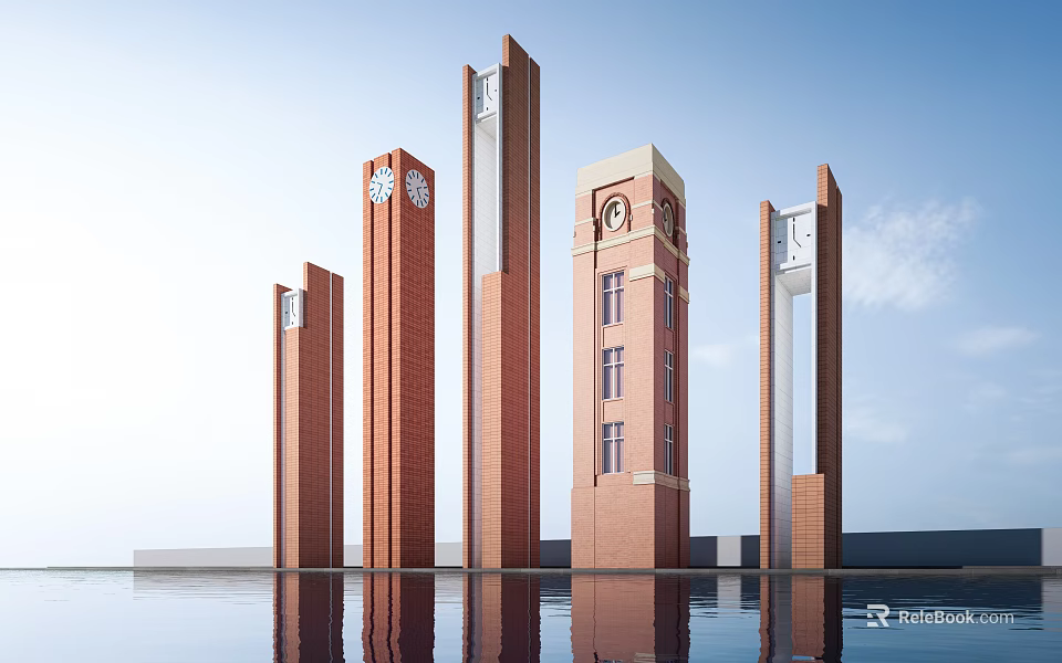 Red Brick Towers of Various Heights with Clocks Blue Sky Background and Water Reflection 3d model 