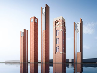 Red Brick Towers of Various Heights with Clocks Blue Sky Background and Water Reflection 3d model