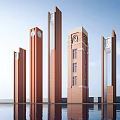 Red Brick Towers of Various Heights with Clocks Blue Sky Background and Water Reflection