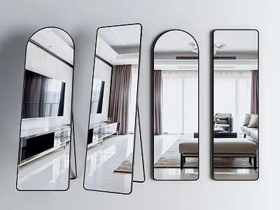 Mirrors of Different Shapes Hanging on Wall Reflecting Living Room Sofa TV Curtains and Furniture 3d model