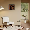 White Accent Chair With Wooden Legs On Woven Rug Near Floor Lamp And Indoor Plant