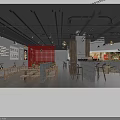 Modern Restaurant Interior With Red Grid Wall Stone Bar Wooden Tables And Pendant Lights