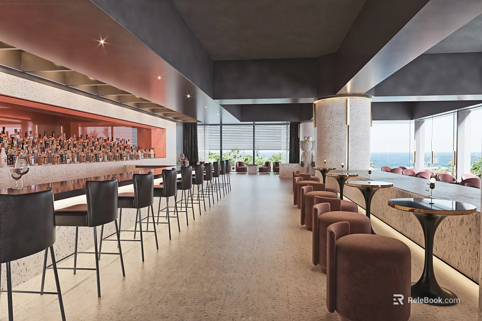 Modern Restaurant Interior With Bar Counter High Stools Ocean View And Open Layout 3d model 