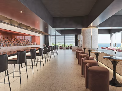 Modern Restaurant Interior With Bar Counter High Stools Ocean View And Open Layout 3d model