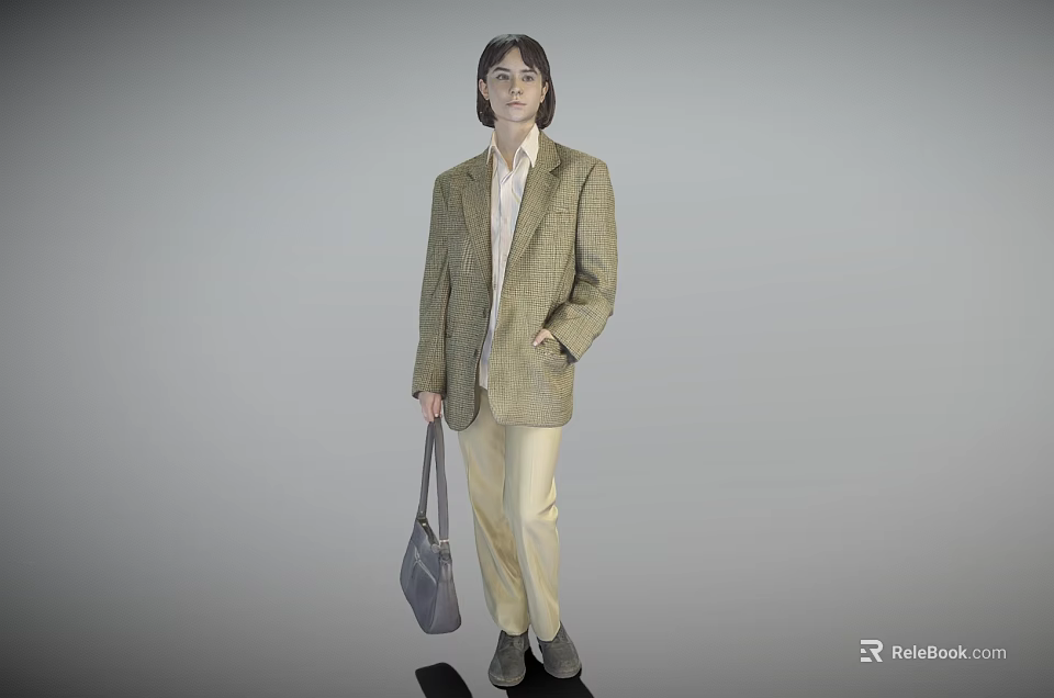 Woman in Plaid Blazer White Shirt Beige Pants Holding Gray Handbag Standing Against Gray Background 3d model 