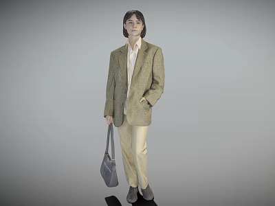 Woman in Plaid Blazer White Shirt Beige Pants Holding Gray Handbag Standing Against Gray Background 3d model