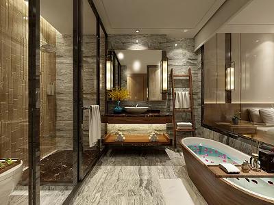 Elegant Modern Luxury Bathroom With Marble Tiles Wooden Vanity And Comfortable Freestanding Bathtub Design 3d model