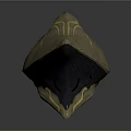 Abstract Geometric Sculpture With Brownish Gray Body Yellow Accent Lines And Green Glowing Details