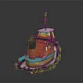 Vibrant Painted Wooden Boat Featuring Upper Deck Structure Small Mast And Tire Fenders