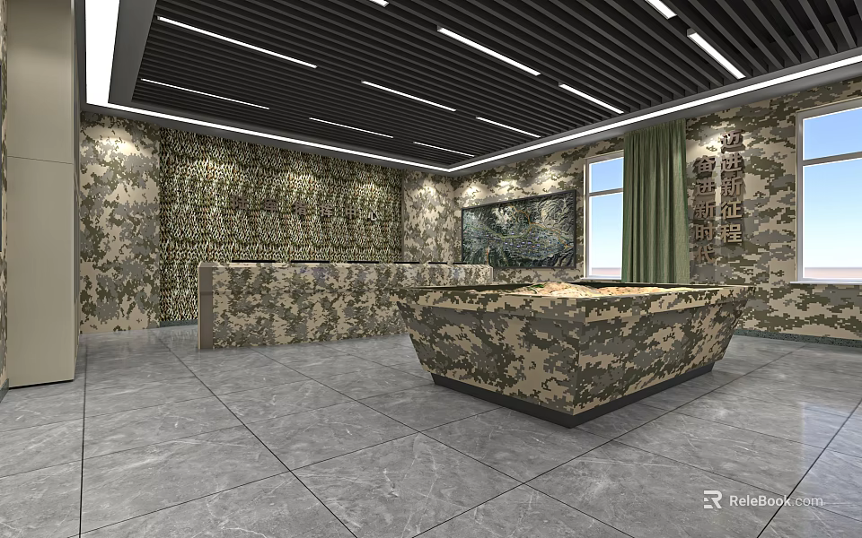 Monitoring Room Interior With Camouflage Patterned Walls Large Control Console And Big Screen 3d model 