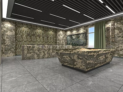 Monitoring Room Interior With Camouflage Patterned Walls Large Control Console And Big Screen 3d model