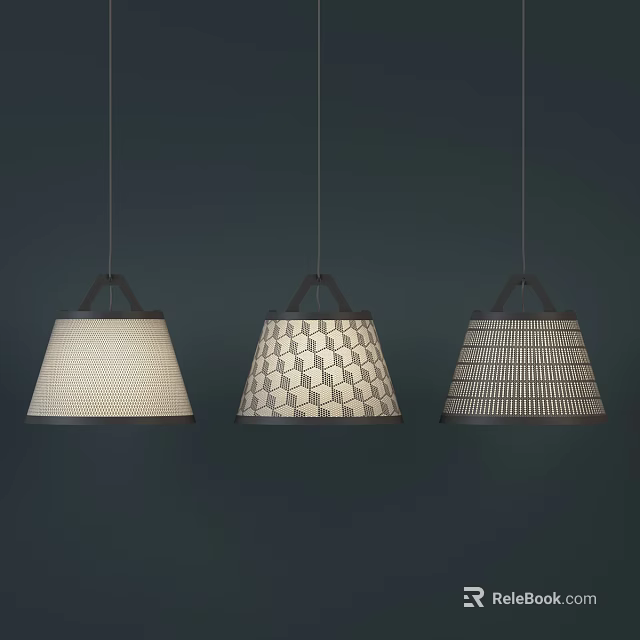 Three Modern Pendant Lights Design With Geometric Lampshades And Minimalist Dark Setting 3d model 