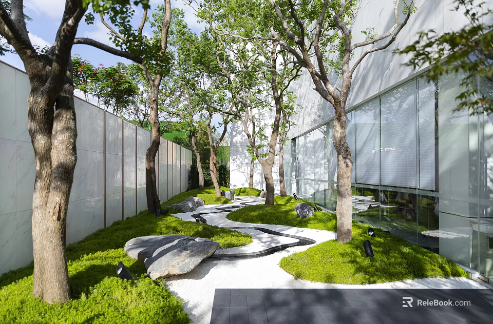 Beautiful Park Landscape With Green Trees Winding Path Grass Stones White Walls And Glass Building 3d model 