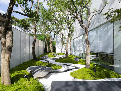 Beautiful Park Landscape With Green Trees Winding Path Grass Stones White Walls And Glass Building 3d model