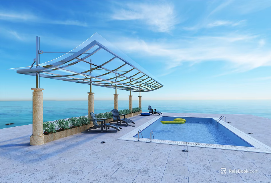 Seaside Swimming Pool Area With Glass Canopy Lounge Chairs And Ocean View 3d model 