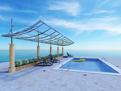 Seaside Swimming Pool Area With Glass Canopy Lounge Chairs And Ocean View 3d model