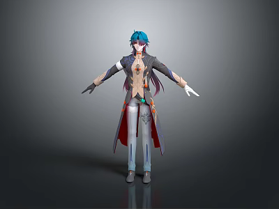 Game Movie Character with Blue Purple Hair Long Coat Red Pants White Gloves 3d model