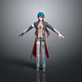 Game Movie Character with Blue Purple Hair Long Coat Red Pants White Gloves