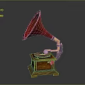 Vintage Gramophone With Red Horn Wooden Base And Turntable Metal Arm