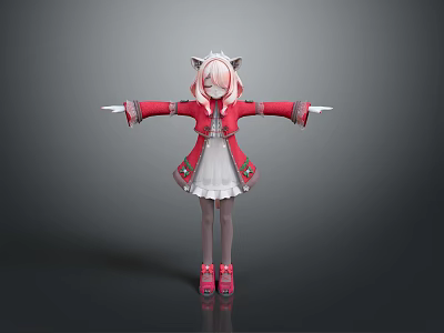 Anime Game Character With Cat Ears Red Coat White Dress Arms Outstretched Standing Pose 3d model