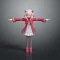 Anime Game Character With Cat Ears Red Coat White Dress Arms Outstretched Standing Pose