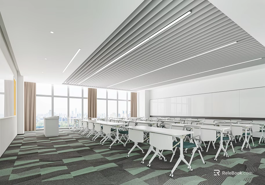 Spacious and Bright School Classroom with White Desks Chairs Green Carpet and Large Windows 3d model 