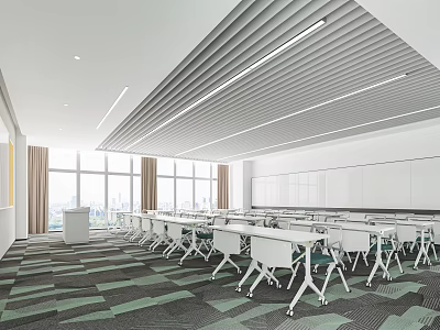 Spacious and Bright School Classroom with White Desks Chairs Green Carpet and Large Windows 3d model