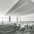 Spacious and Bright School Classroom with White Desks Chairs Green Carpet and Large Windows