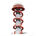 Red Spiral Staircase Structure With Metal Railings And Black Central Column