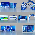 Modern Tech Style Exhibition Display With Blue Curved Structures And Welcome Sign