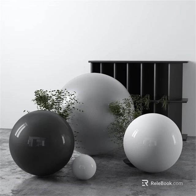 Modern Decorative Ornament Set Featuring Black White Spheres Various Sizes And Green Plants 3d model 