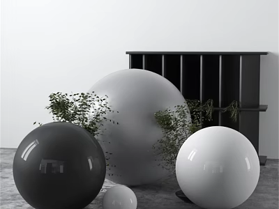 Modern Decorative Ornament Set Featuring Black White Spheres Various Sizes And Green Plants 3d model