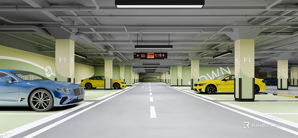 Modern Parking Garage With Multiple Cars Lane Markings And Overhead Lighting 3d model 